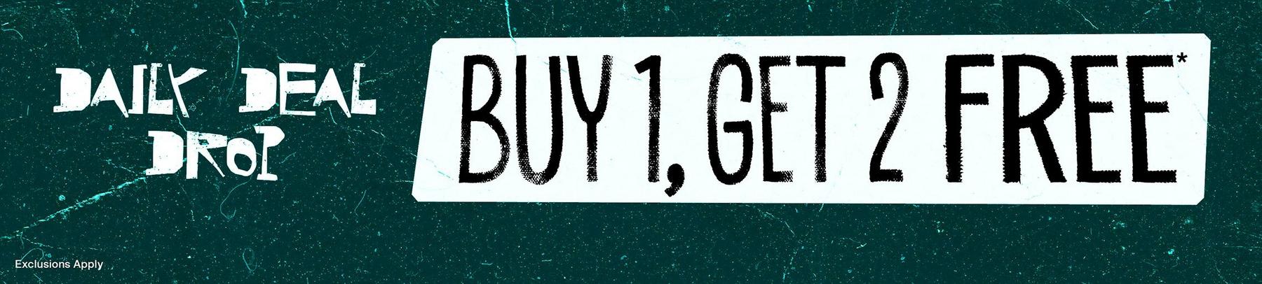 Banner with text “DAILY DEAL DROP” and “BUY 1, GET 2 FREE*”. Shop Now.