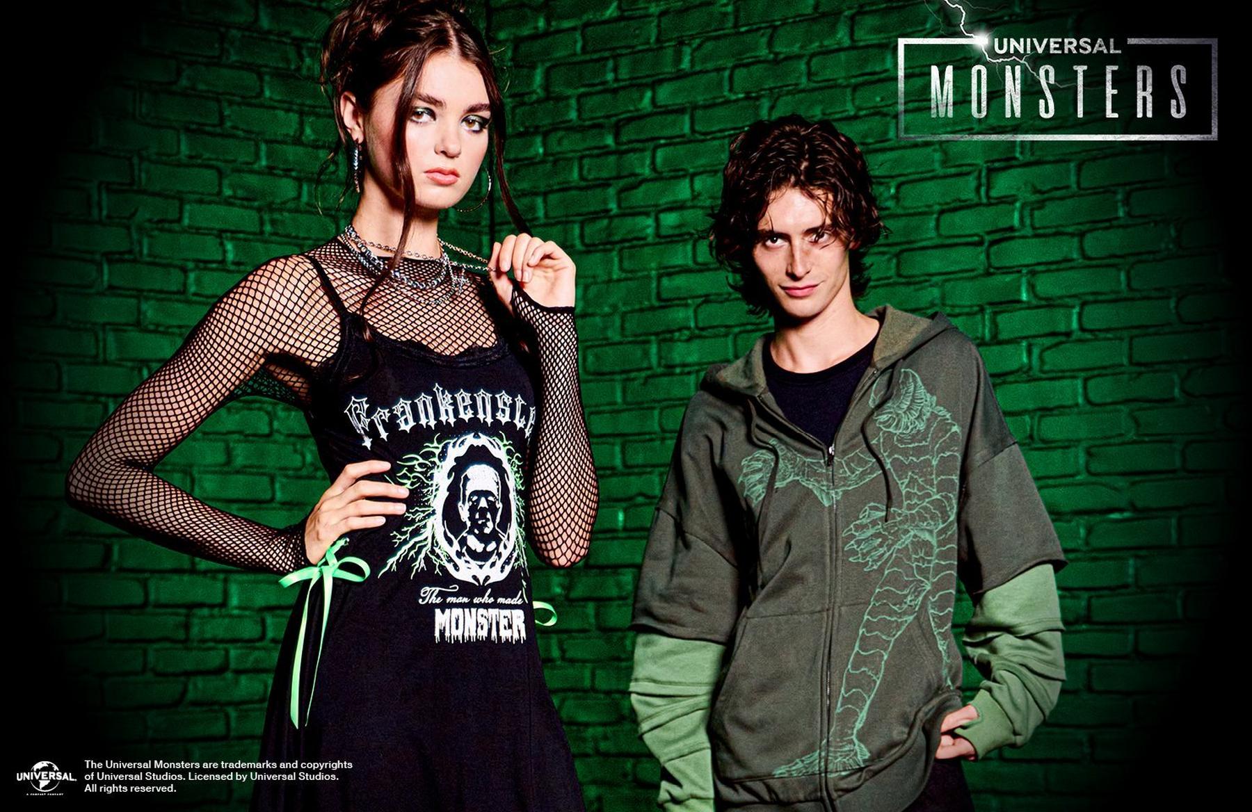 Two models wearing Universal Studios Monsters graphic dress and zip hoodie. Shop Now.