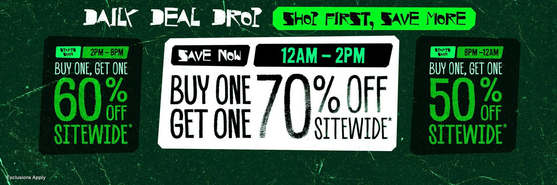 Daily Deal Drop promo: “Buy one, get one 70% off sitewide” from 12AM–2PM. Shop Now.