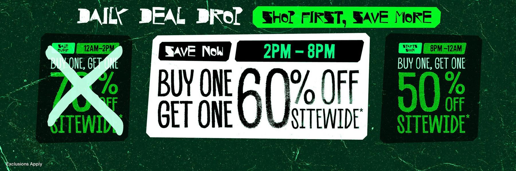 Promo graphic: “Buy one, get one 60% off sitewide” for 2PM–8PM, plus other time slots. Shop Now.