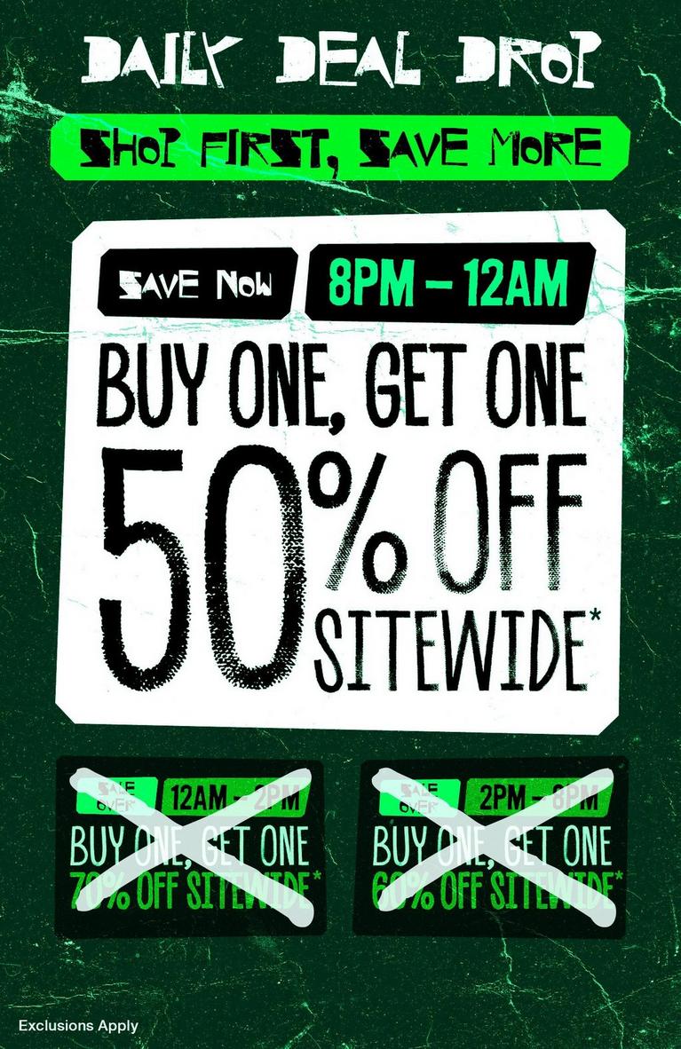 Promotional banner: “Daily Deal Drop” buy one get one 50% off sitewide, 8PM–12AM. Shop Now.