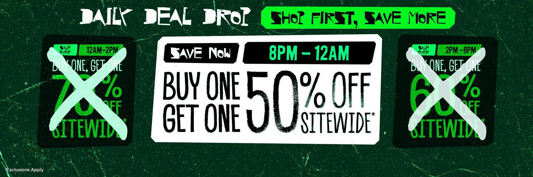 Promotional banner: “Daily Deal Drop” buy one get one 50% off sitewide, 8PM–12AM. Shop Now.