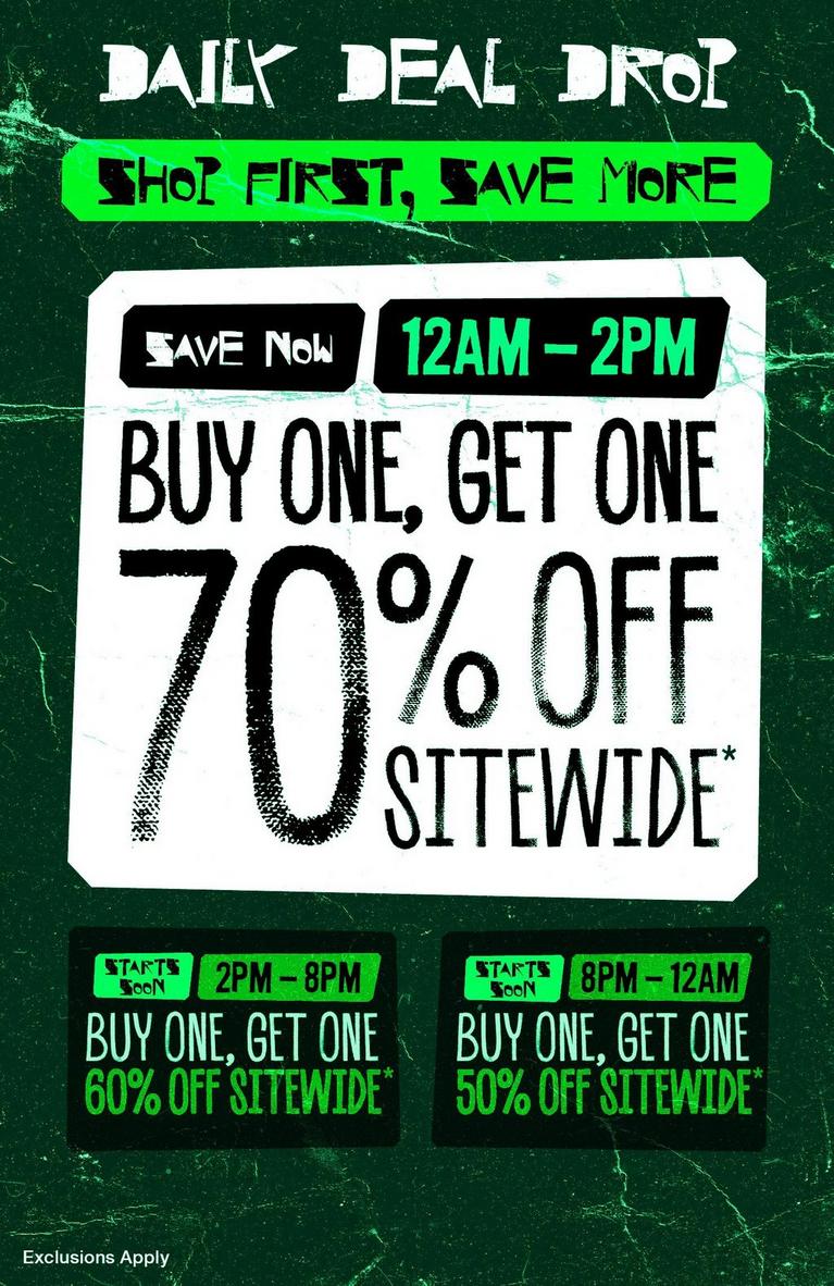 Daily Deal Drop promo: “Buy one, get one 70% off sitewide” from 12AM–2PM. Shop Now.