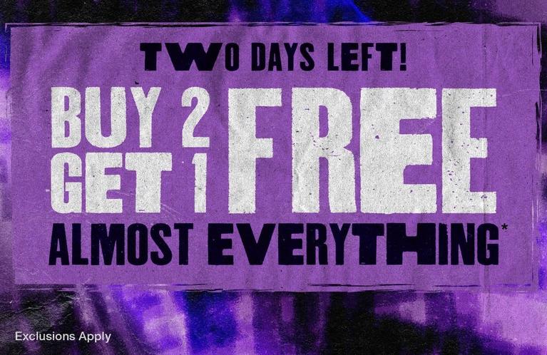 Promotional banner text: “TWO DAYS LEFT! BUY 2 GET 1 FREE ALMOST EVERYTHING*”. Shop Now.
