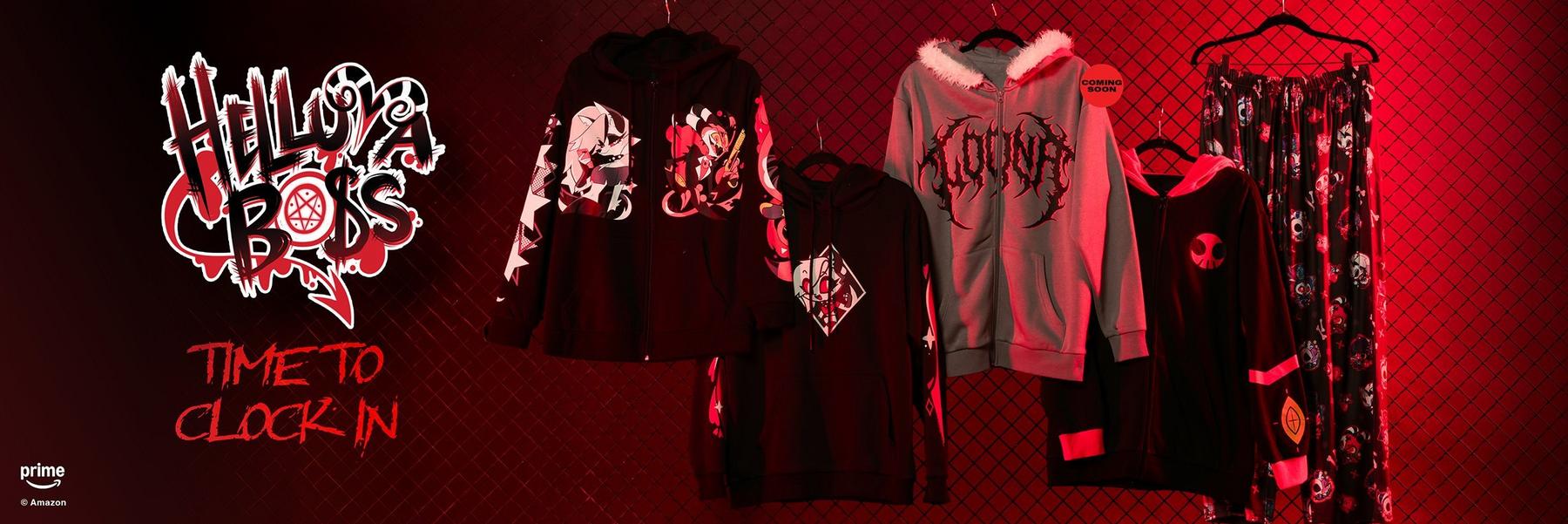 Helluva Boss hoodies, zip hoodie, and pajama pants hanging on a rack, Prime Video logo. Shop Now.