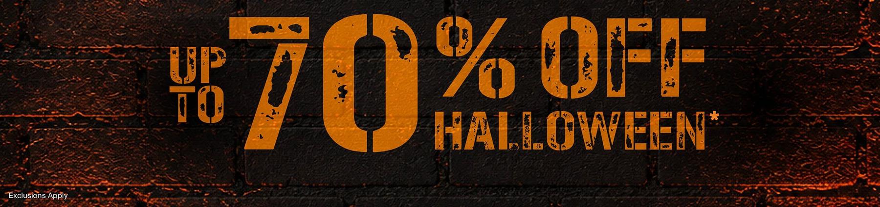 Text graphic reading “Up to 70% off Halloween*” with small text “Exclusions Apply.”. Shop Now.