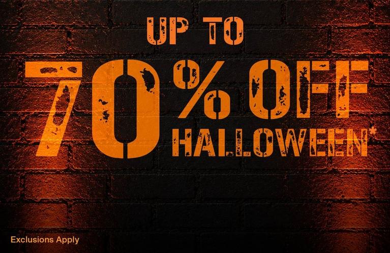 Halloween promotion graphic with text “UP TO 70% OFF HALLOWEEN*” and “Exclusions Apply”. Shop Now.