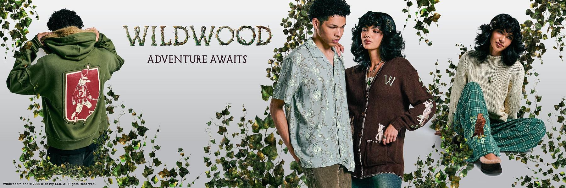 Models wear Wildwood apparel, including a green hoodie, patterned shirt, cardigan, and plaid pants. Shop Now.
