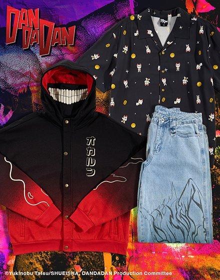 Dandadan-themed jacket, printed short-sleeve shirt, and light-wash jeans with a flame graphic. Shop Now.