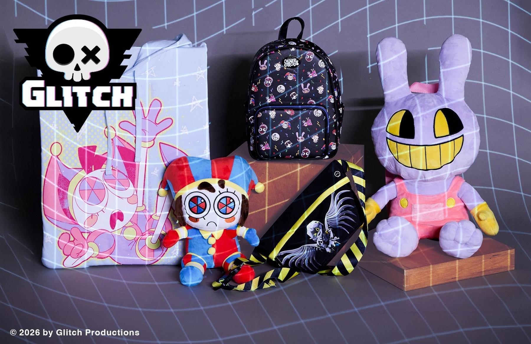 Glitch logo with cartoon backpack, two character plush toys, and printed bag. Shop Now.