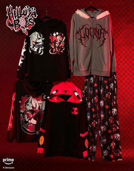 Two hoodies, a red-black poncho, and skull-print pajama pants in Helluva Boss theme. Shop Now.