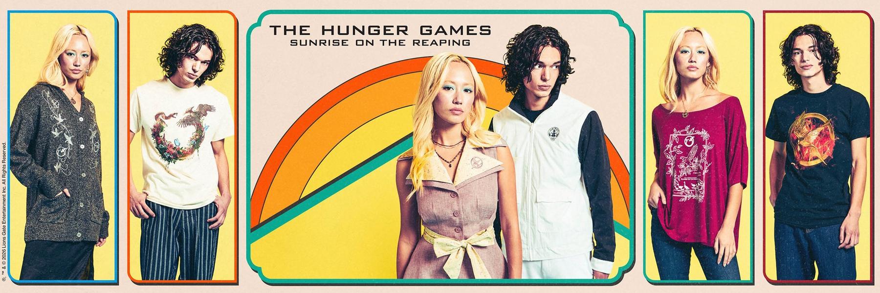 The Hunger Games: Sunrise on the Reaping promo image with models wearing graphic tops. Shop Now.