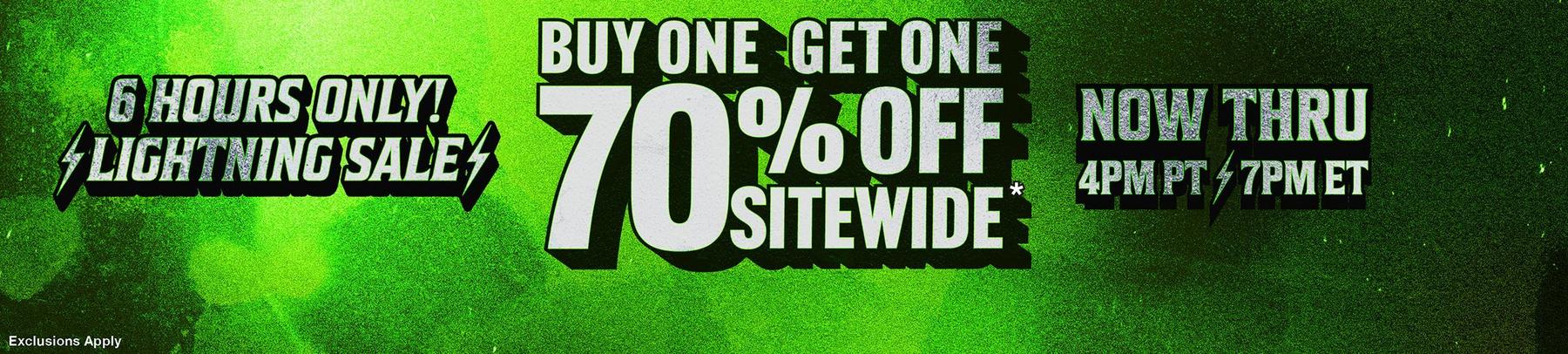 Promotional graphic reading “Buy one get one 70% off sitewide” and “6 hours only! Lightning sale”. Shop Now.