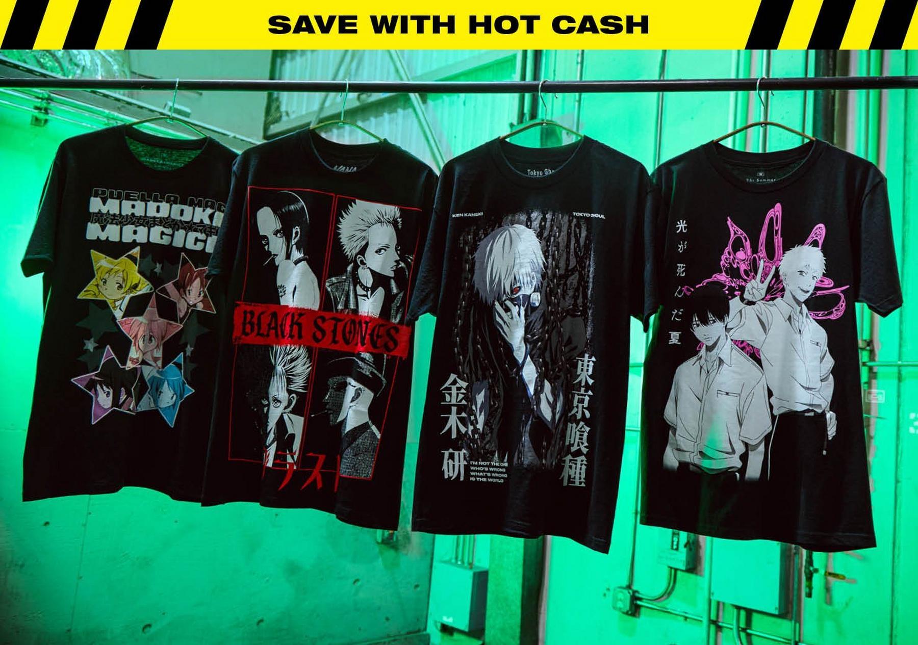 Four black anime graphic T-shirts hanging on a rack, with “SAVE WITH HOT CASH” banner above.