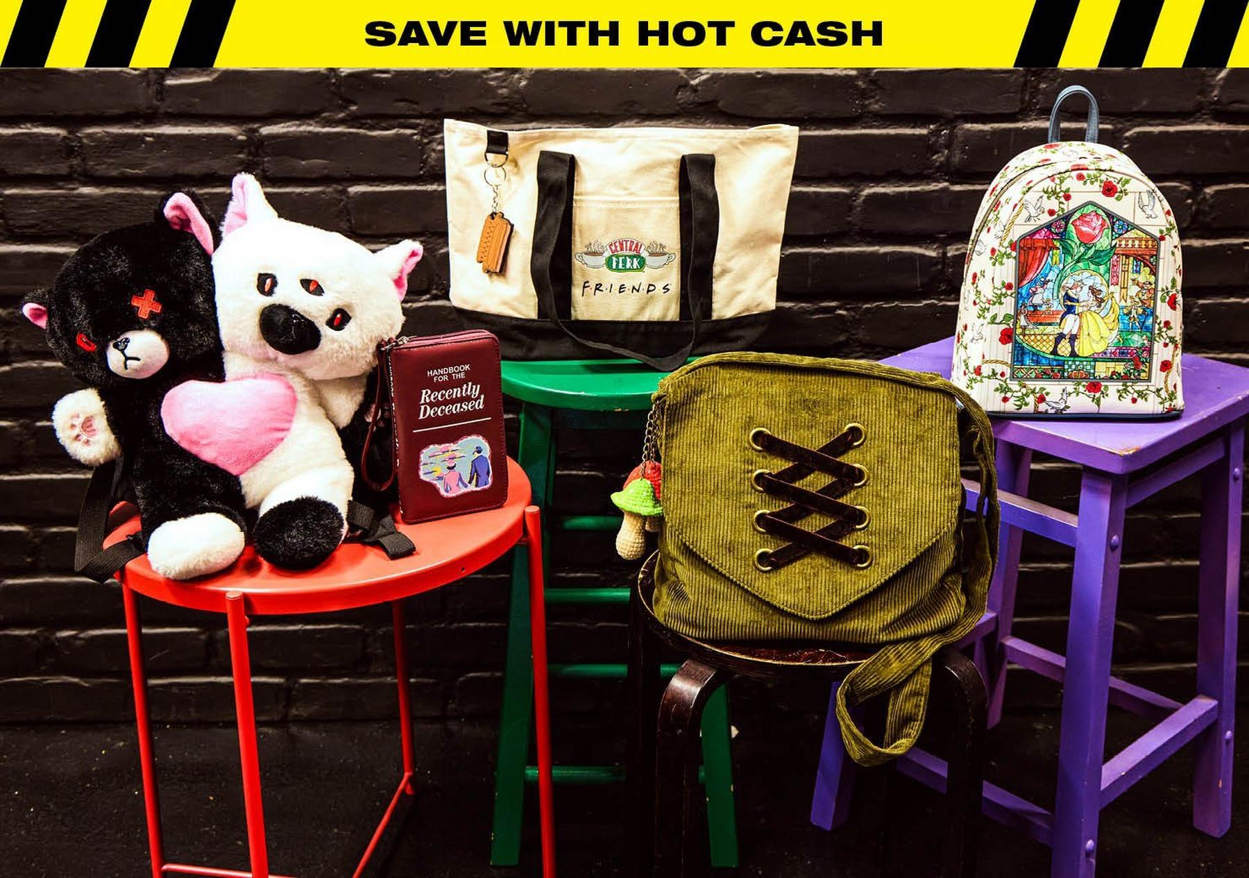Assorted bags on stools, including Friends tote, lace-up green bag, and floral backpack. Shop Now.