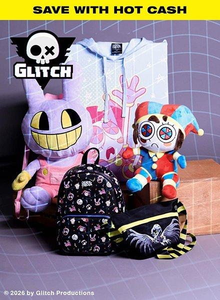 Backpack and duffel with Glitch graphics, plus two plush toys and a hoodie. Shop Now.