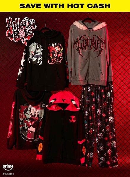 Hot Topic clothing display with hoodies and skull-print pajama pants, “SAVE WITH HOT CASH” text. Shop Now.