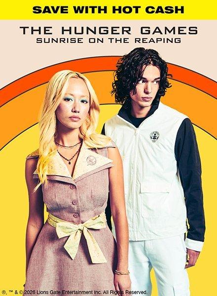 Two models pose on a The Hunger Games: Sunrise on the Reaping poster with text above. Shop Now.