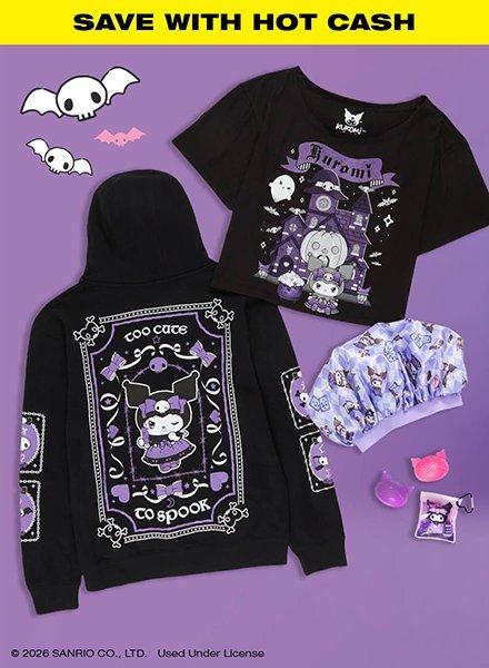 Kuromi hoodie and T-shirt with spooky graphics, plus matching accessories and candy. Shop Now.