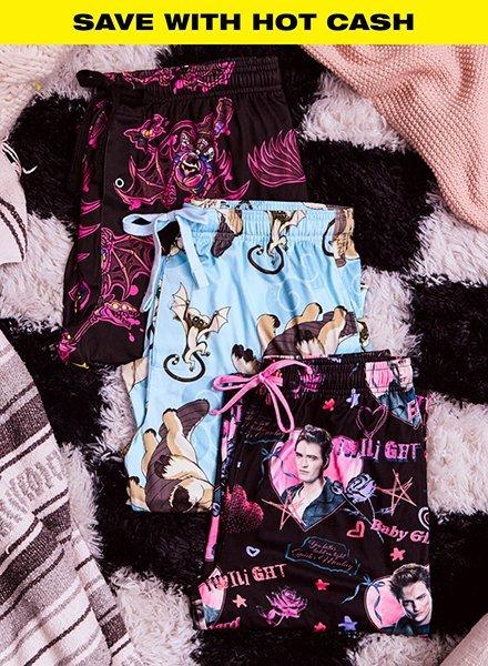 Three graphic print drawstring shorts in black and blue, with “SAVE WITH HOT CASH” text at top. Shop Now.