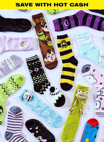 Assorted colorful novelty socks with “SAVE WITH HOT CASH” text at top. Shop Now.
