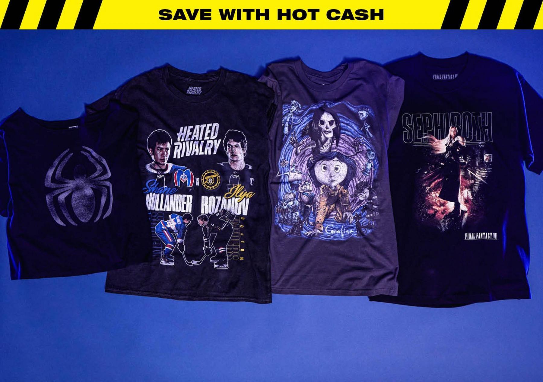 Four graphic tees shown, including Spider-Man logo, “Heated Rivalry,” “Coraline,” and “Sephiroth.” Shop Now.