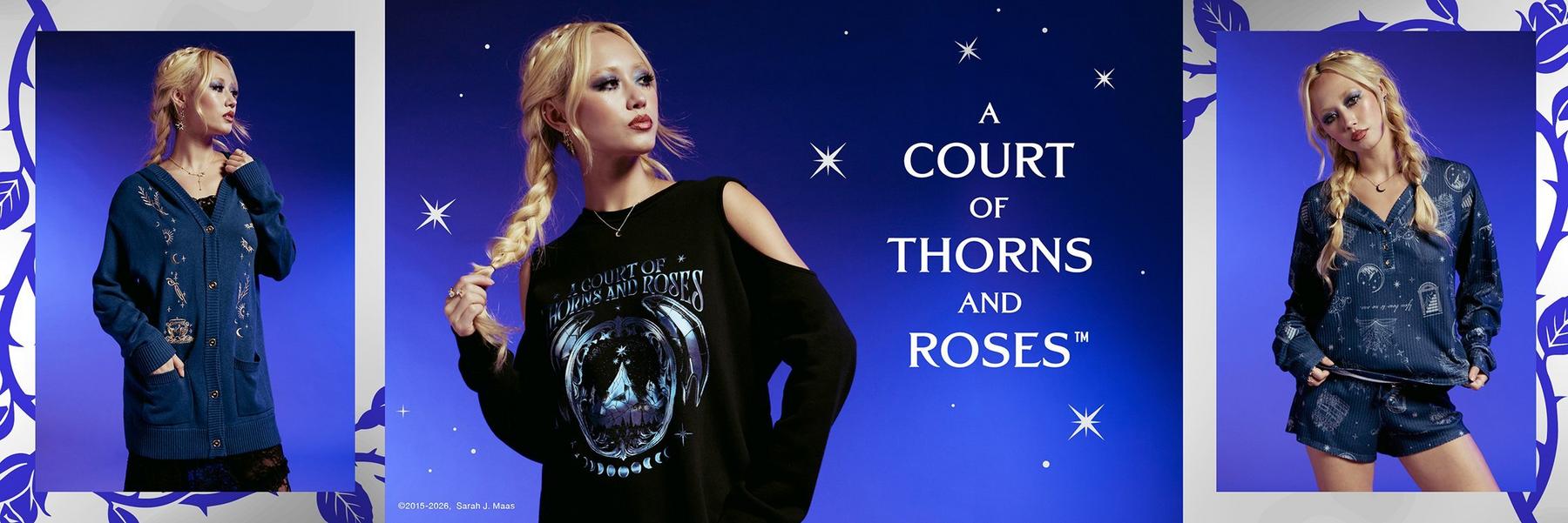 Model wearing A Court of Thorns and Roses apparel, including blue cardigan and matching lounge set. Shop Now.