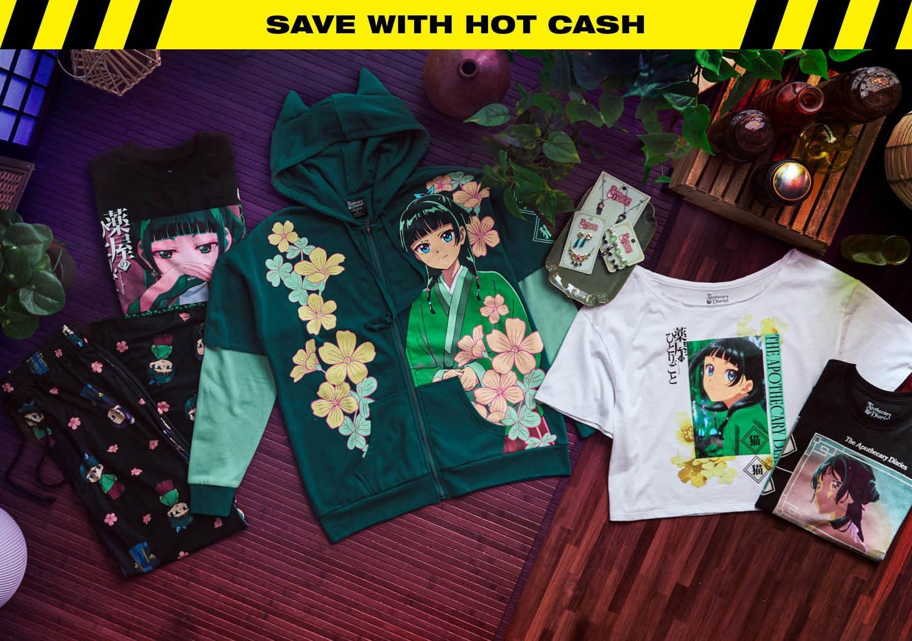 Anime graphic hoodie and T-shirt with matching pants, socks, and accessories laid out.