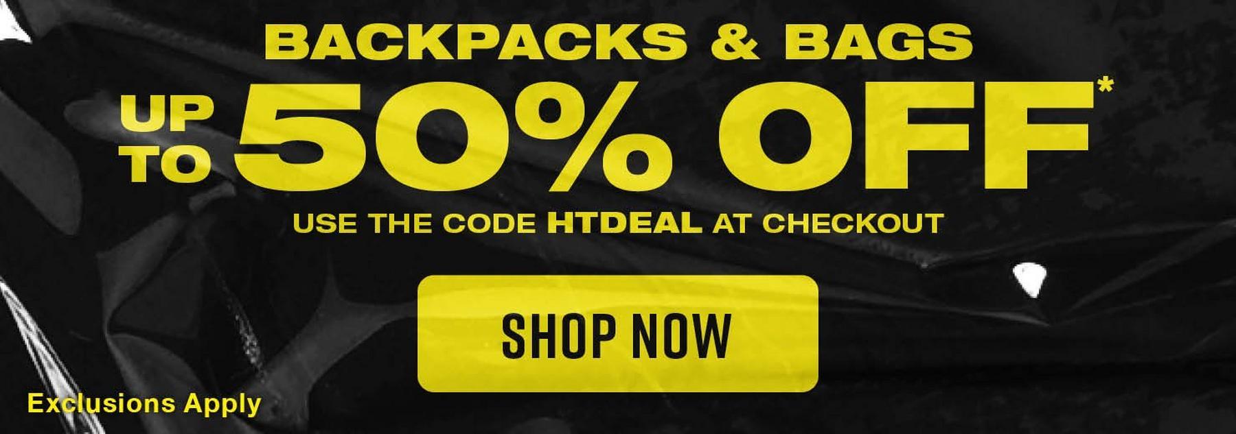 Promo banner: “Backpacks & Bags up to 50% off.” Code “HTDEAL” and “Shop Now” button. Shop Now.