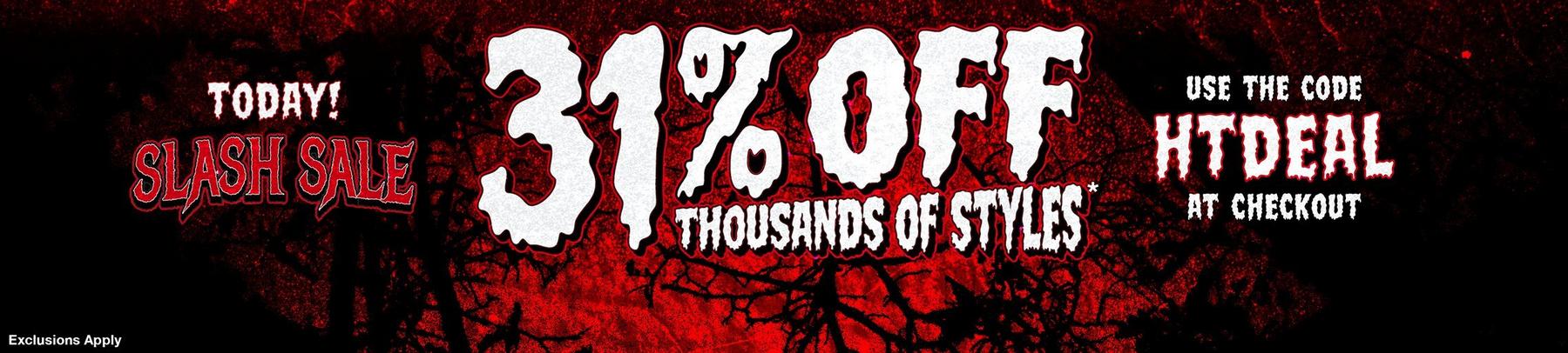 Promotional banner: “Slash Sale” 31% off thousands of styles; use code “HTDEAL” at checkout. Shop Now.
