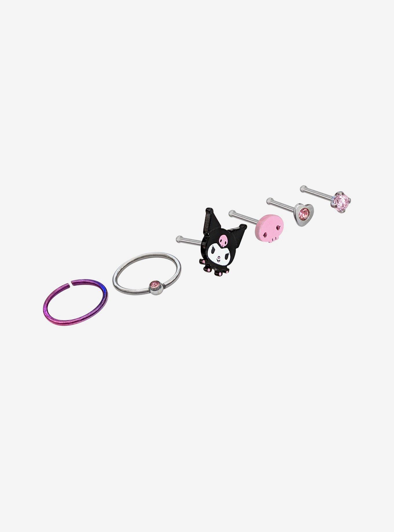 Steel Kuromi Skull Nose Stud & Hoop 6 Pack, PINK  WHITE, alternate