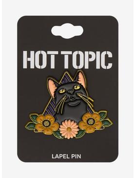 Plus Size Black Cat Floral Triangle Enamel Pin, , hi-res