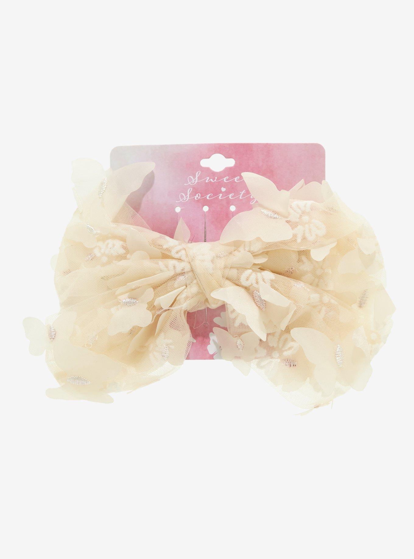 White Butterfly Mesh Hair Bow, , alternate