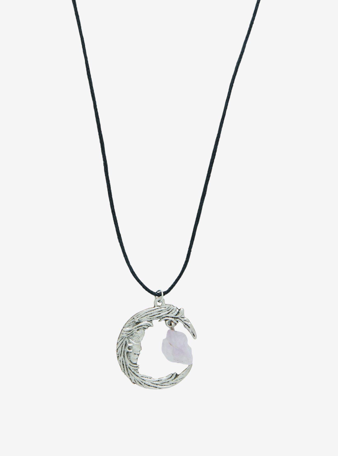 Crescent Moon Face Stone Cord Necklace, , alternate