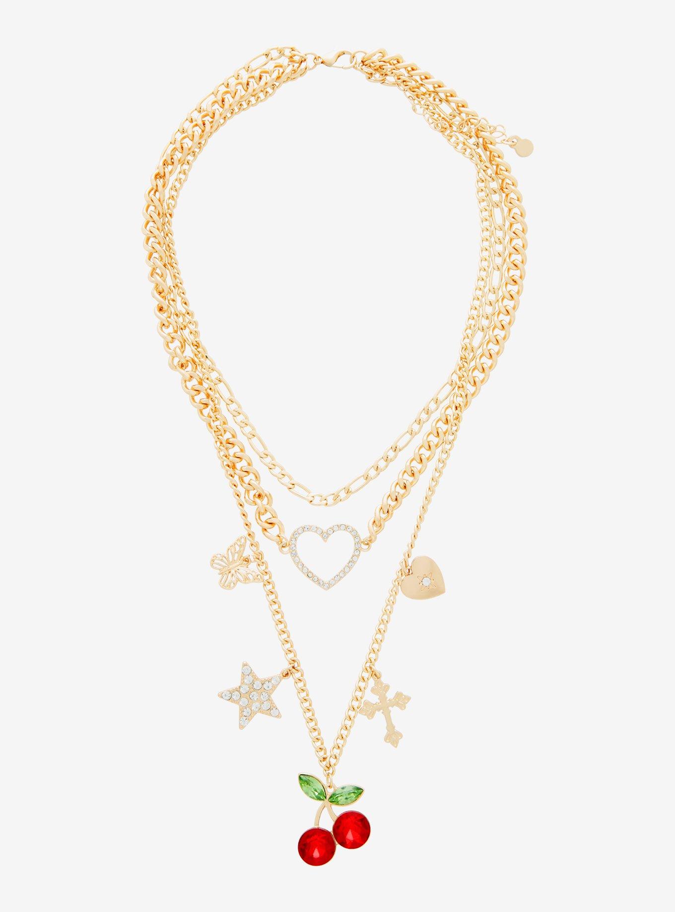 Cherry Heart Charm Layered Necklace, , alternate