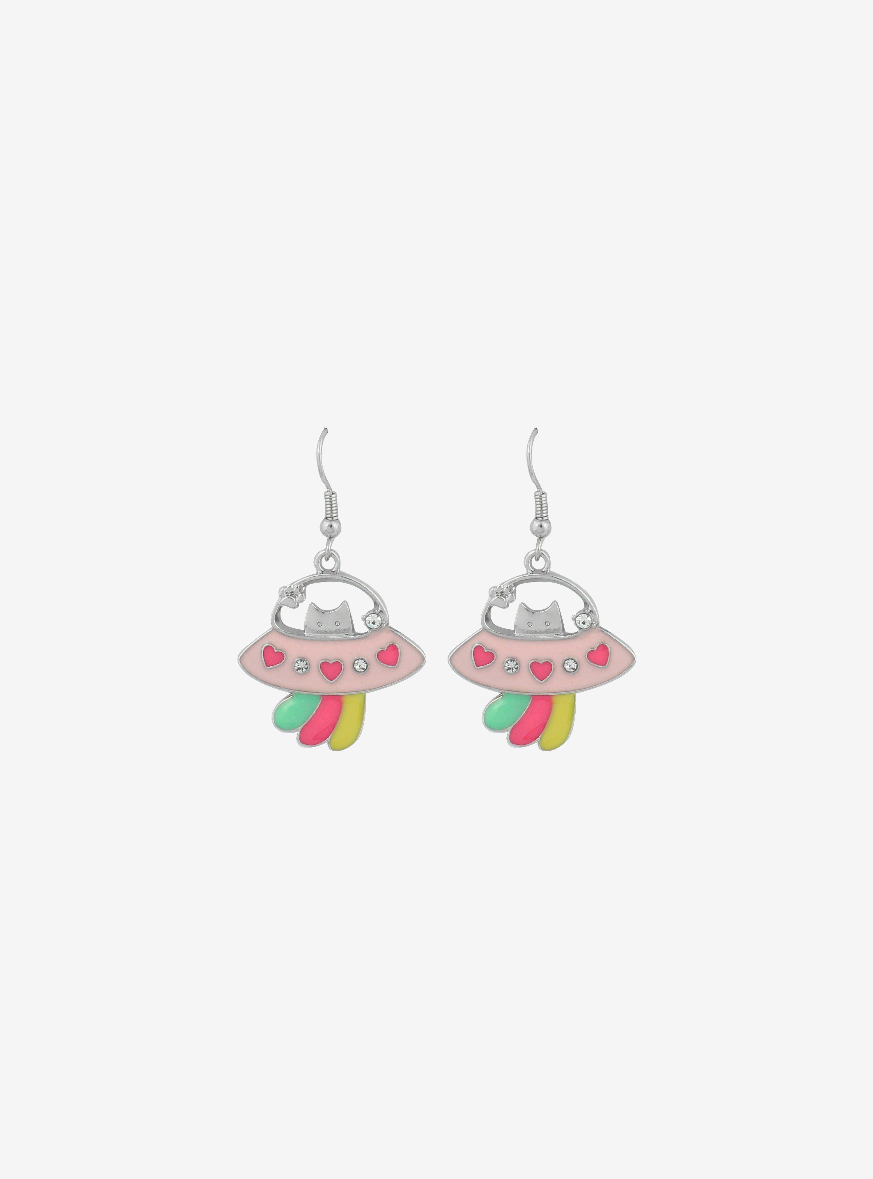 Cosmic Aura Kitty Spaceship Drop Earrings, , alternate