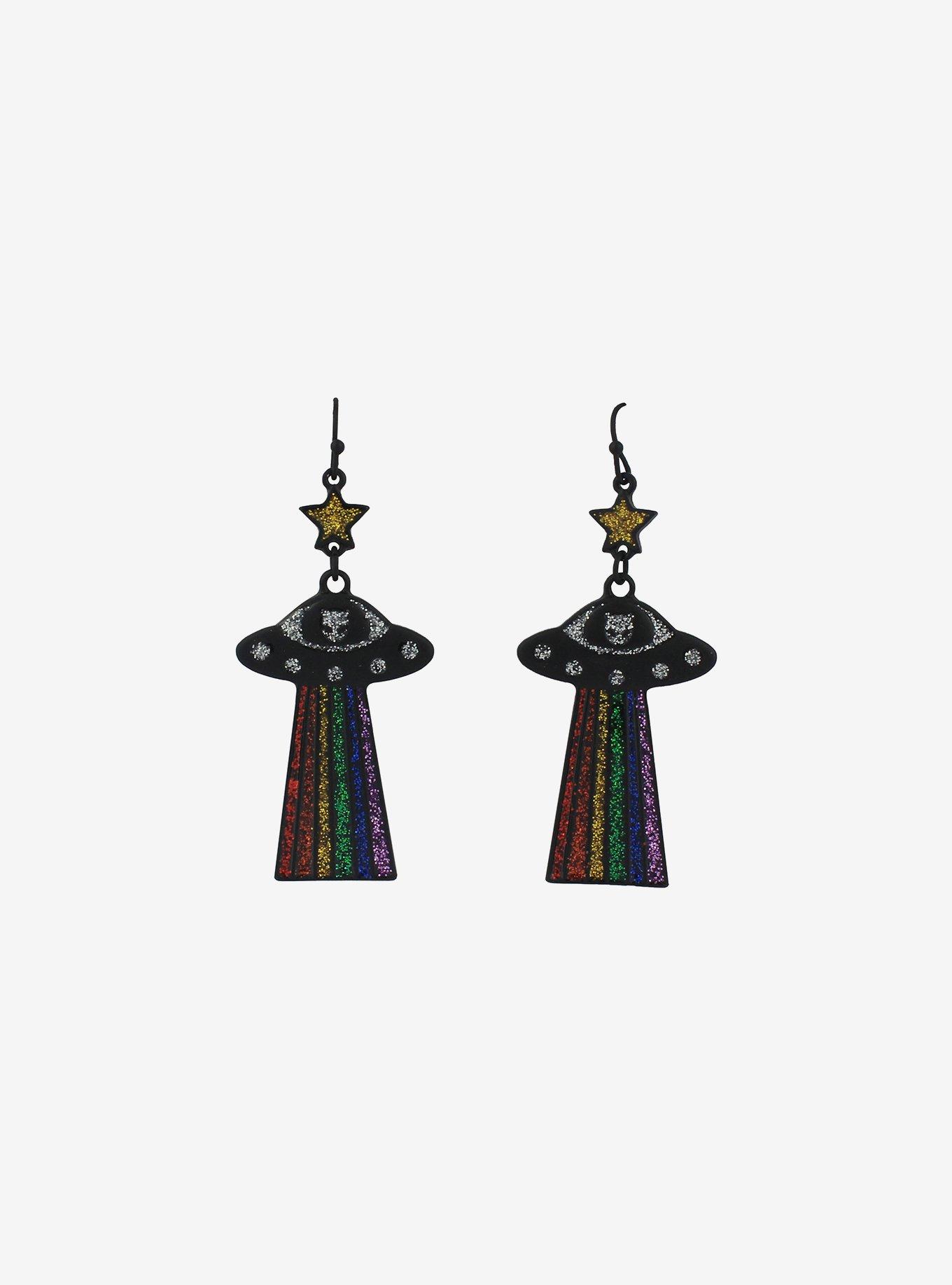 Cosmic Aura Rainbow UFO Drop Earrings, , alternate