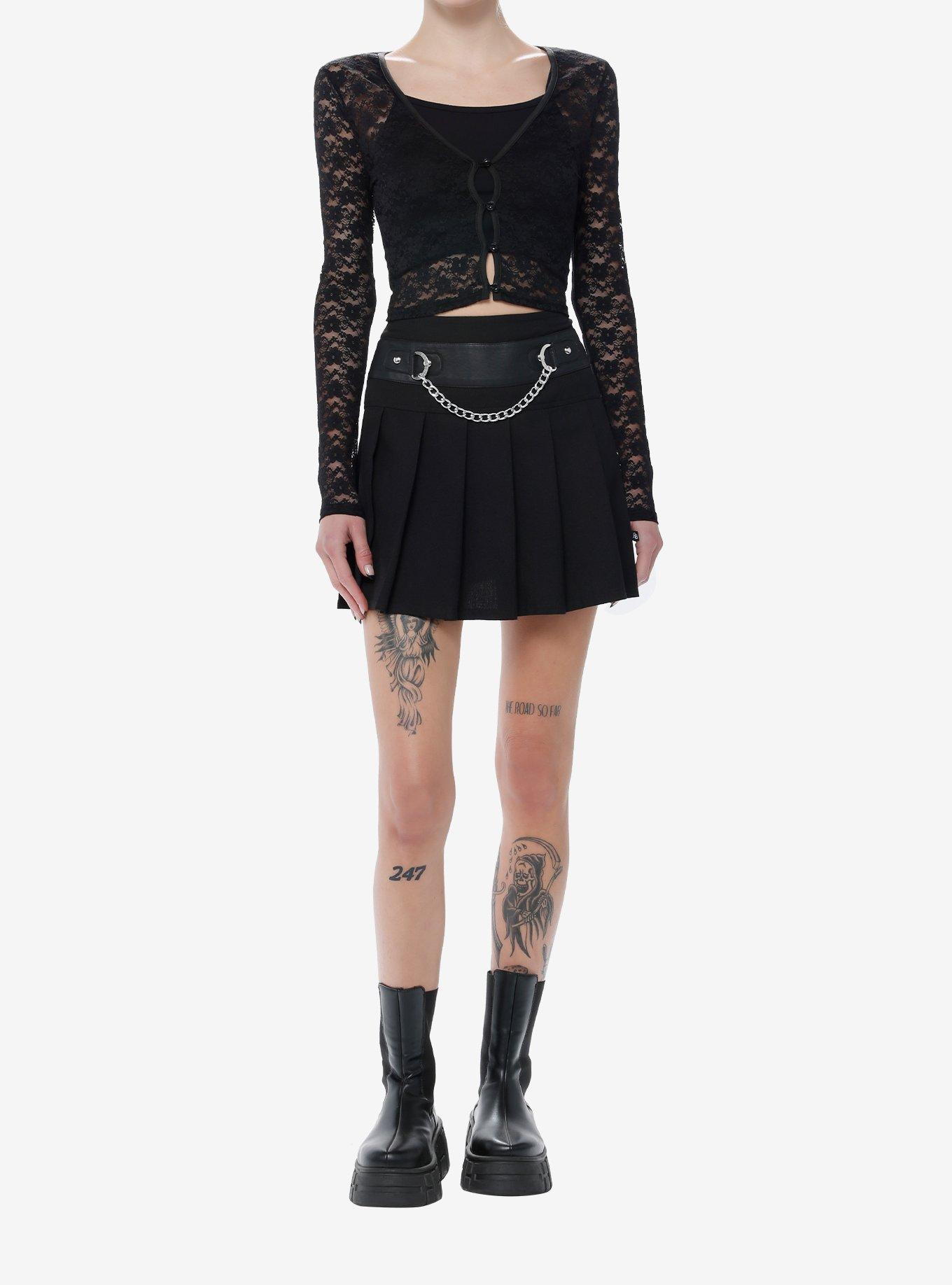 Black Lace Button-Front Girls Long-Sleeve Top, BLACK, alternate