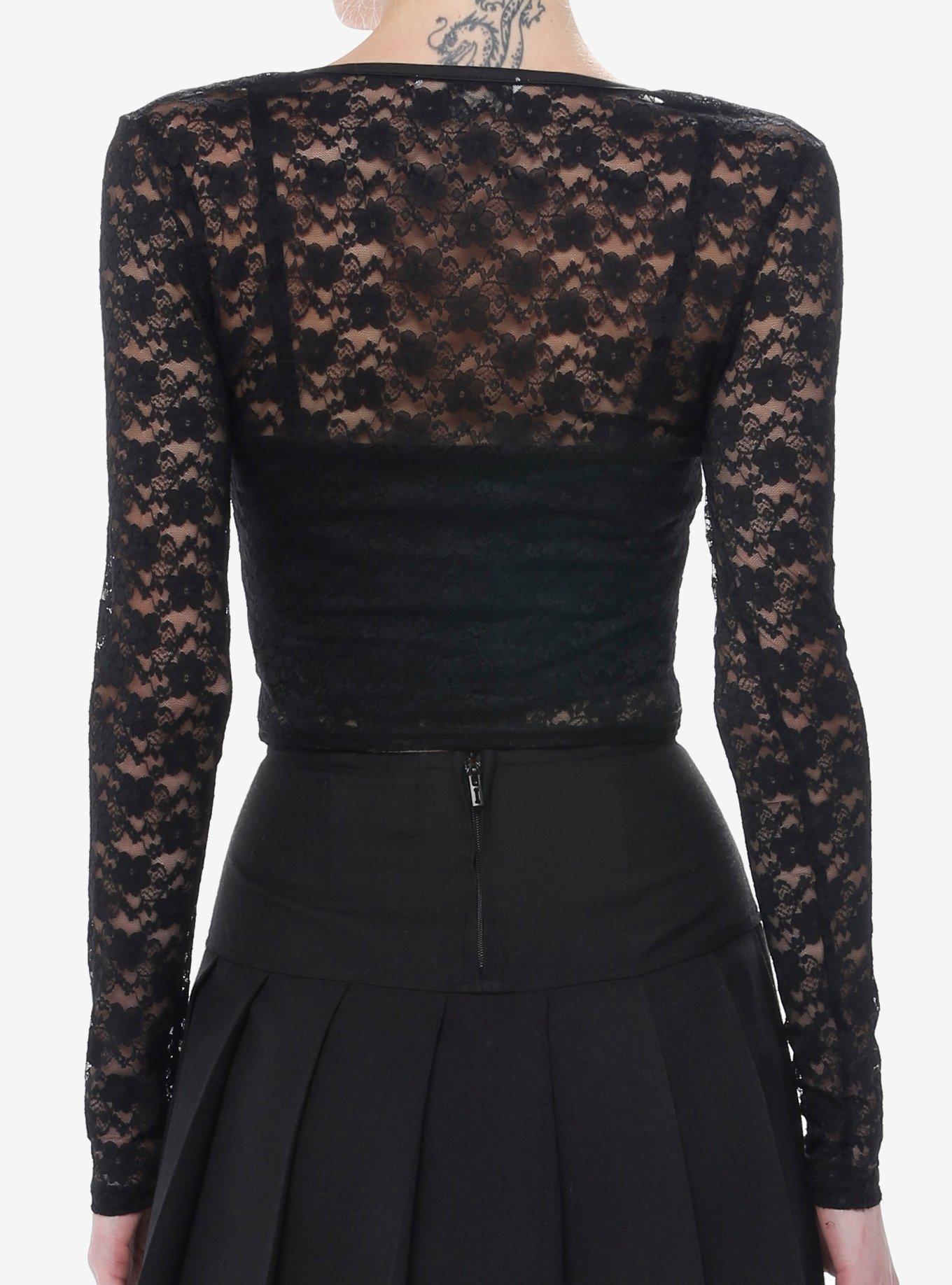 Black Lace Button-Front Girls Long-Sleeve Top, BLACK, alternate
