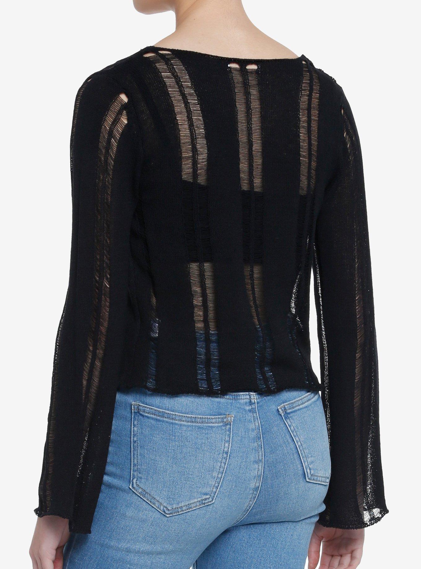 Black Mesh Distressed Girls Cardigan, BLACK, alternate
