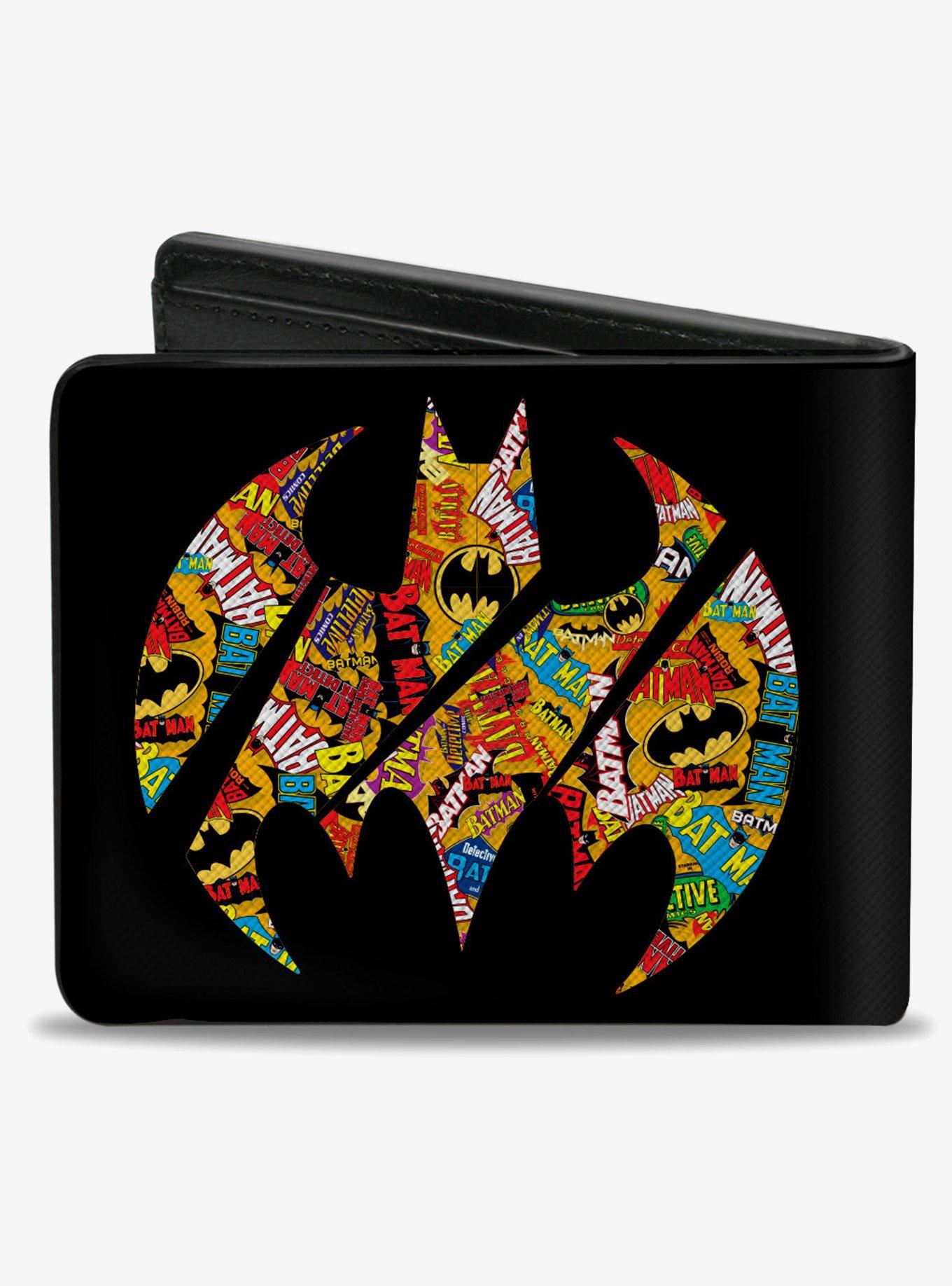 DC Comics Bat Signal Black Multi Color Logos Stacked Bifold Wallet, , hi-res