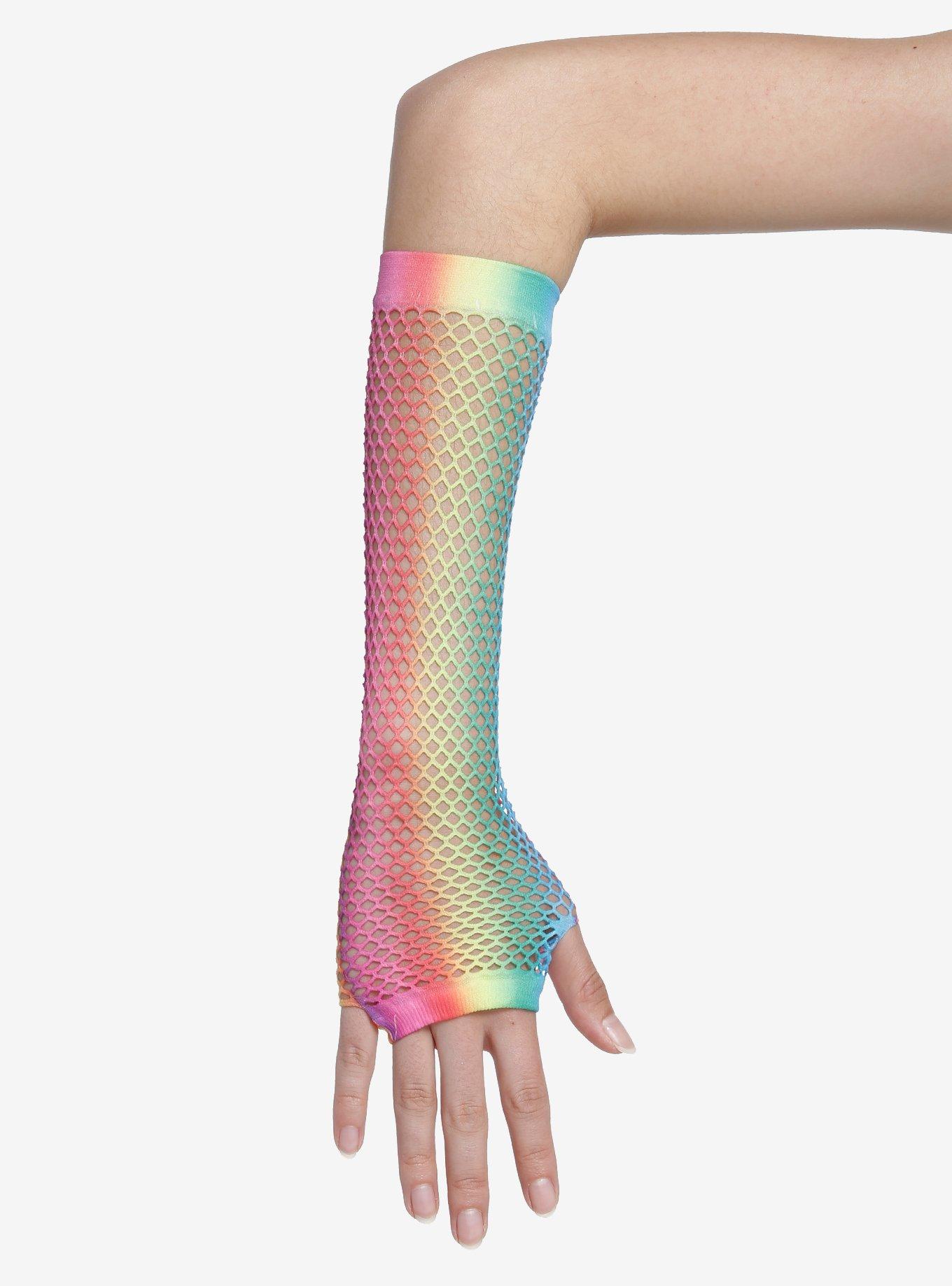 Rainbow Fishnet Arm Warmers, , alternate