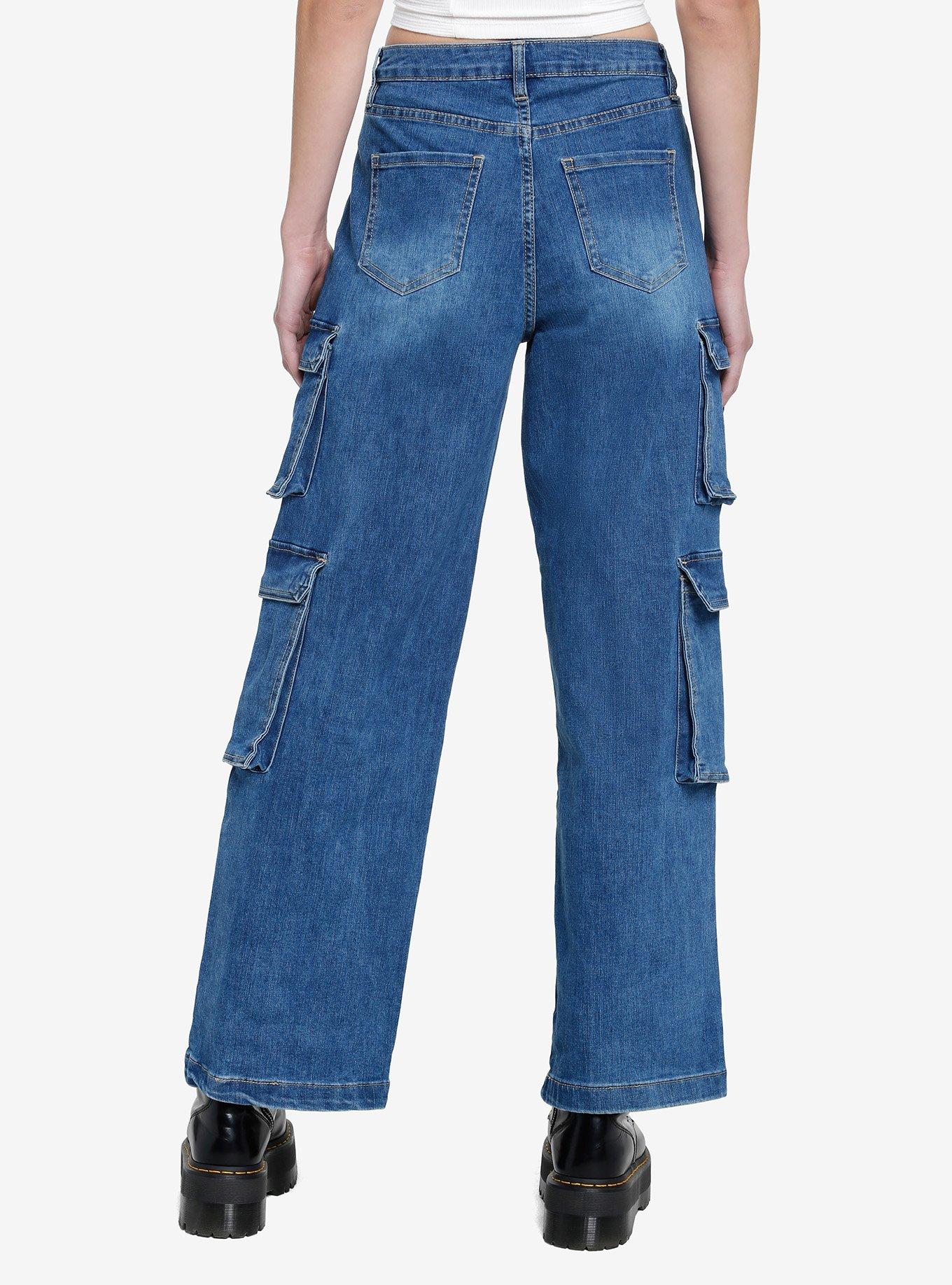 Blue Double Cargo Wide Leg Denim Pants, , hi-res