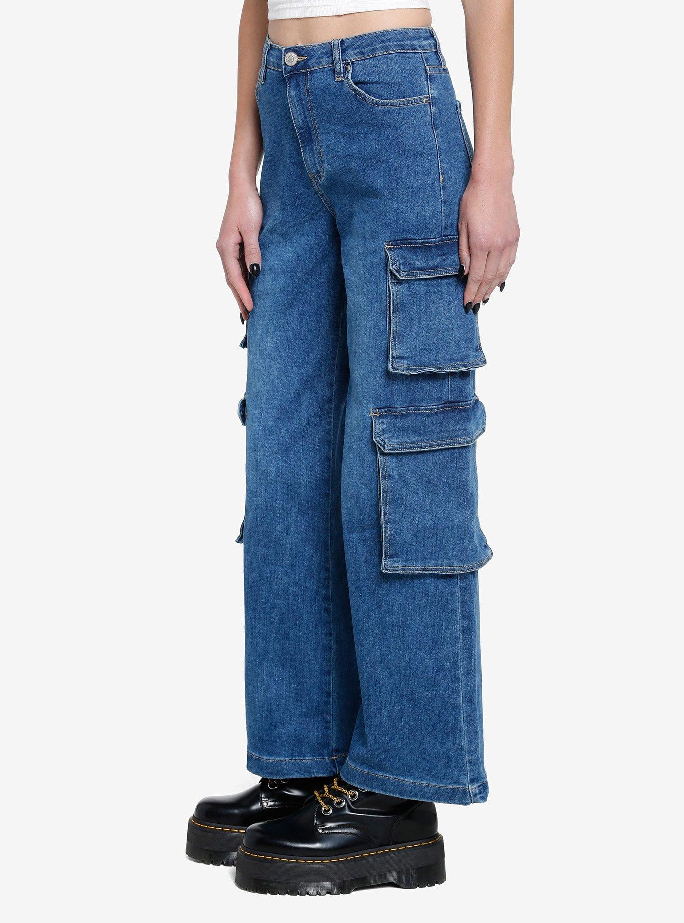 Blue Double Cargo Wide Leg Denim Pants, INDIGO, alternate
