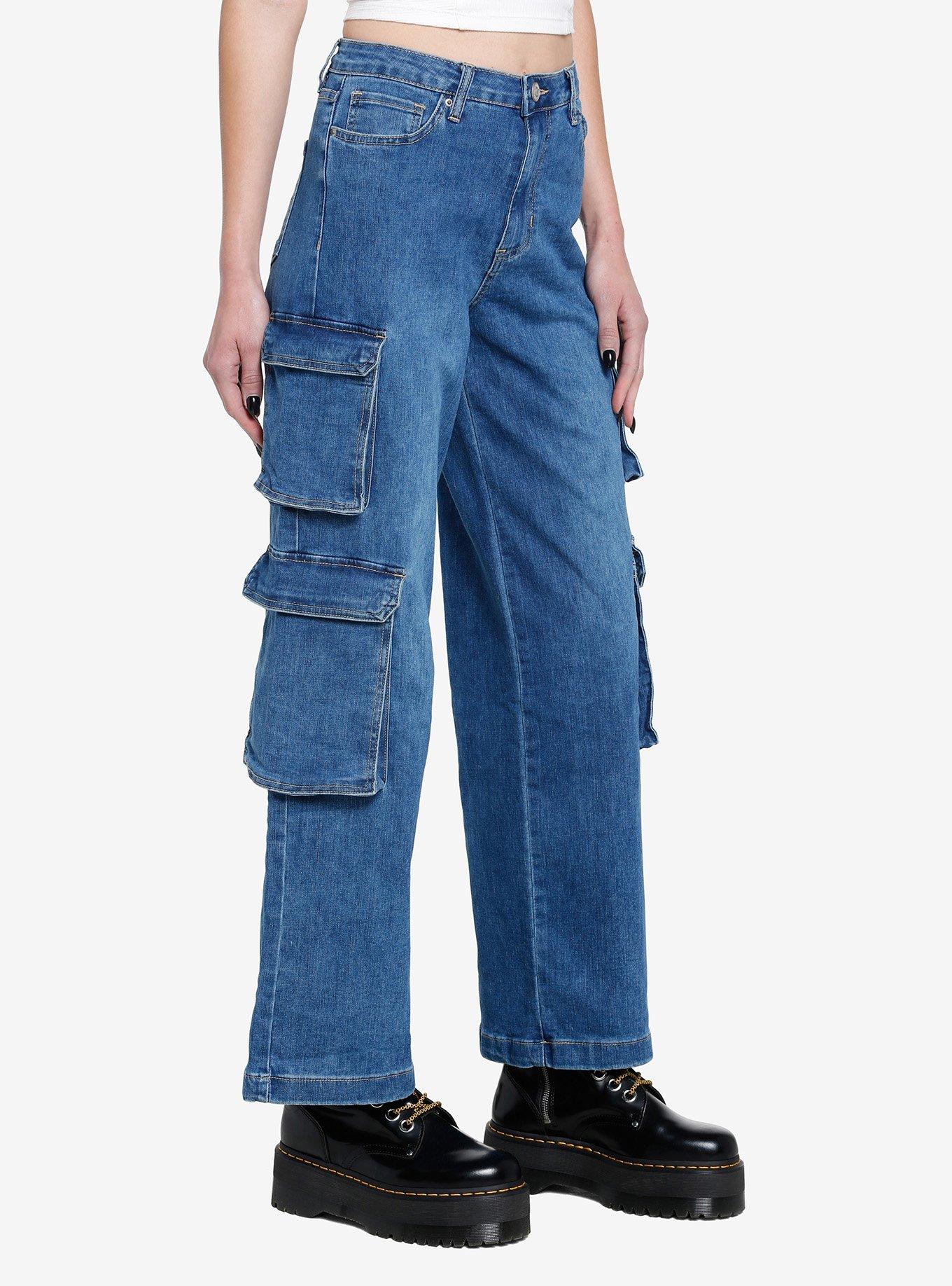 Blue Double Cargo Wide Leg Denim Pants, INDIGO, alternate