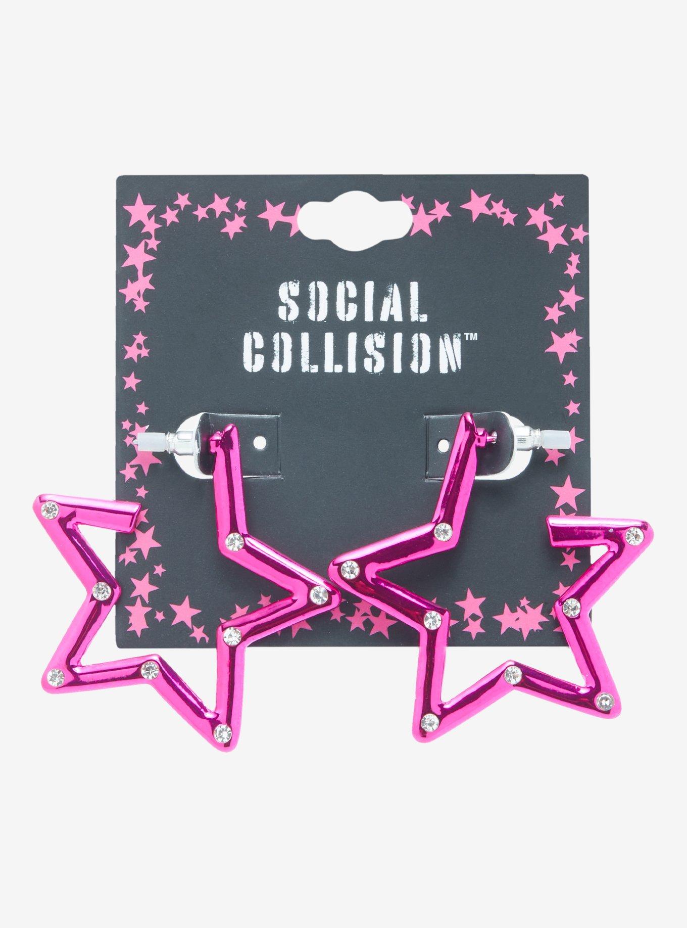 Social Collision Magenta Bling Star Hoop Earrings, , alternate