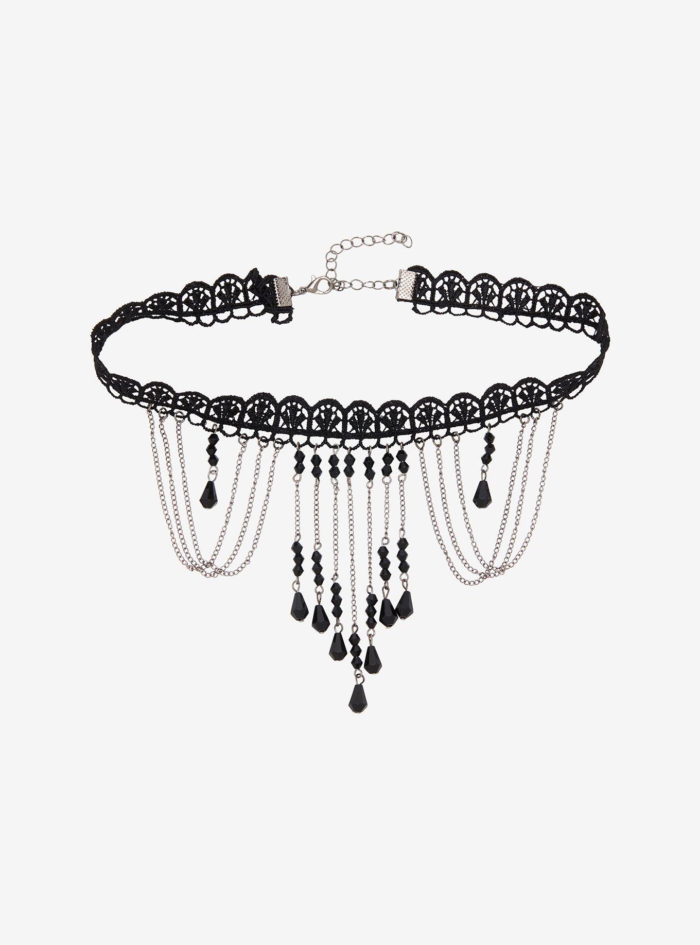 Black Lace Dangling Gem Choker, , alternate