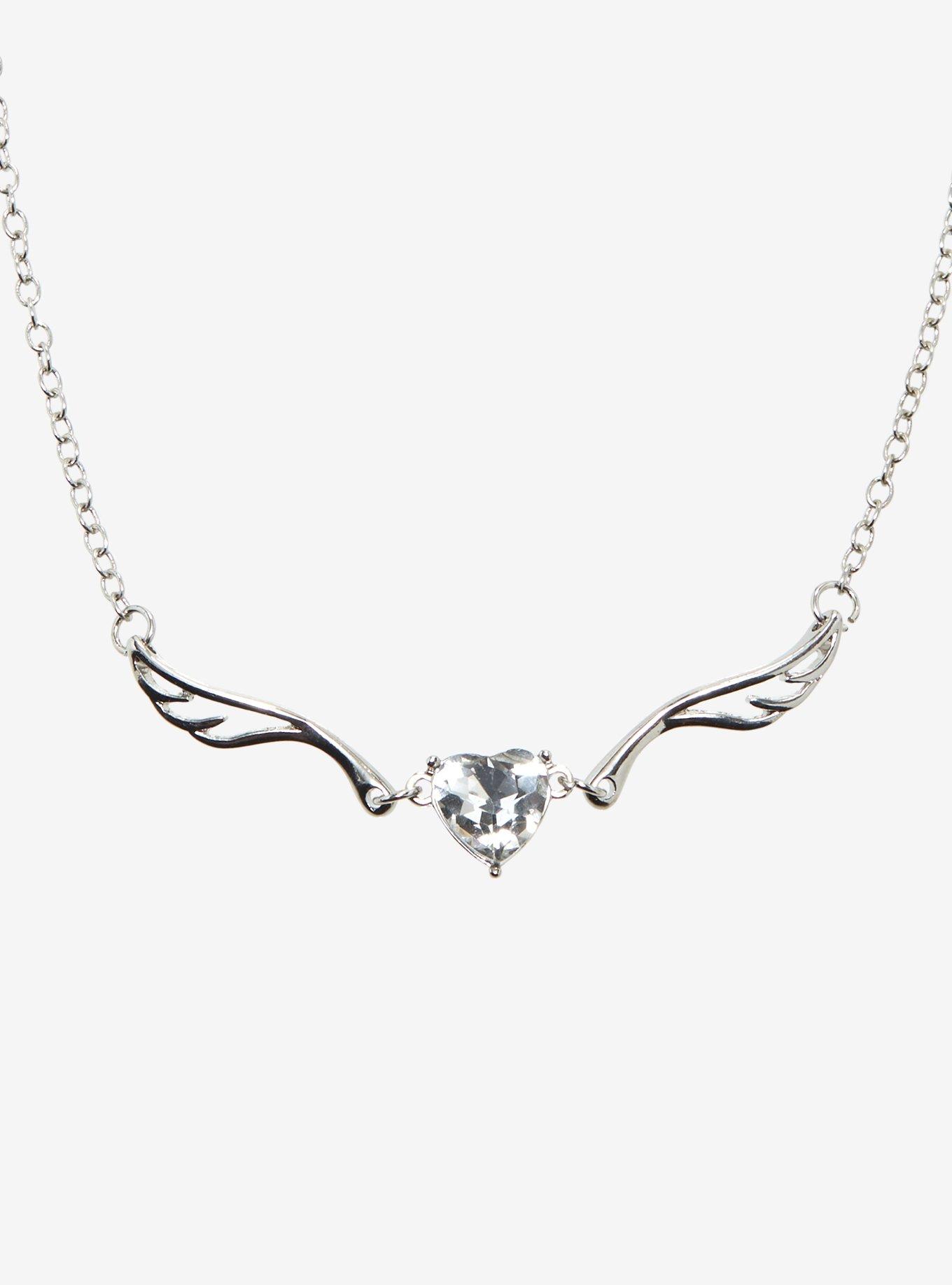Rhinestone Heart Angel Wing Necklace, , alternate