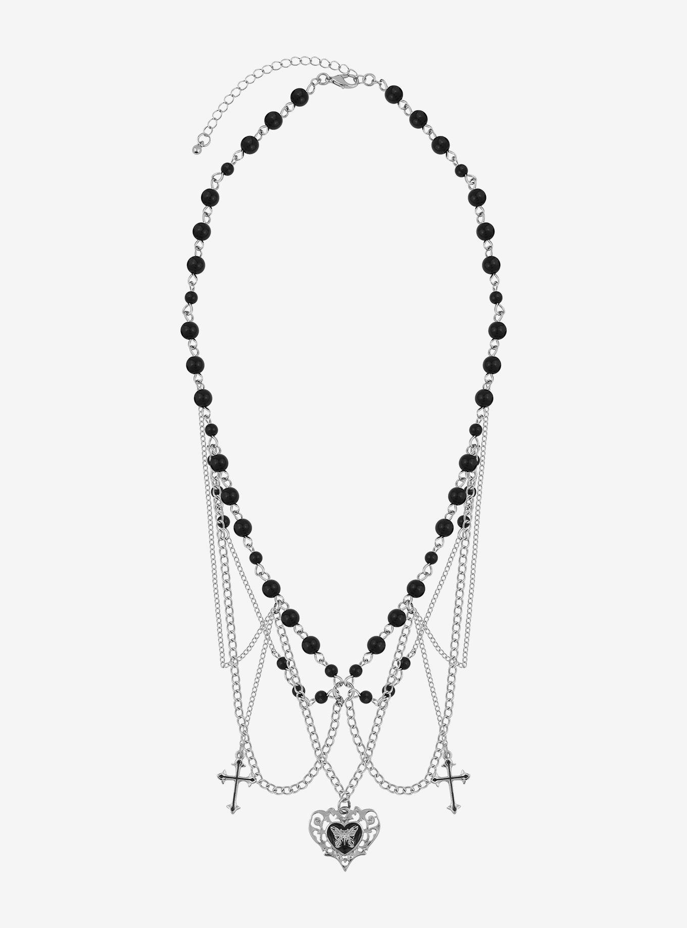 Social Collision Cross Heart Rosary Necklace, , alternate