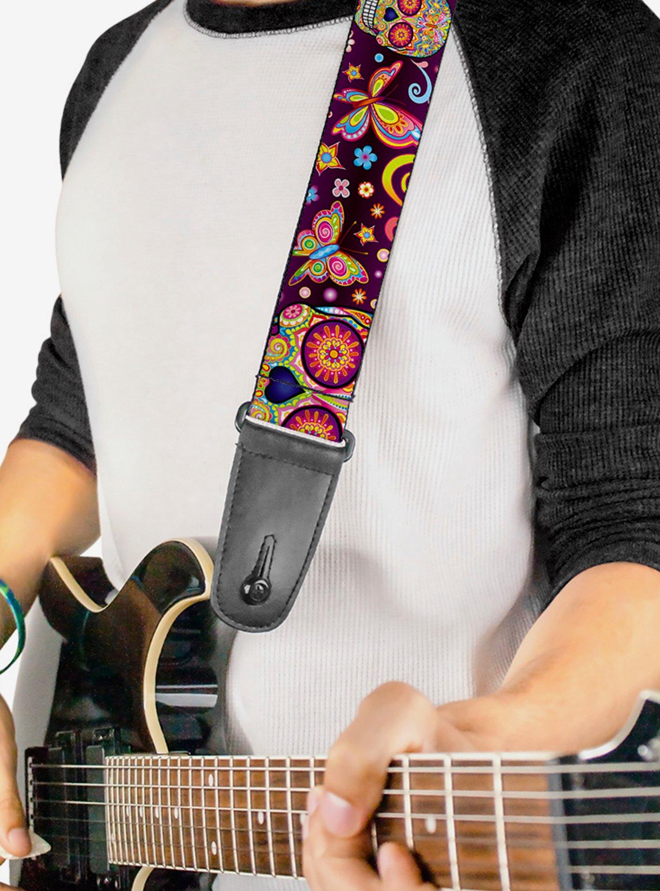 Mariposa Calaveras Butterflies Flowers Burgundy Multi Color Guitar Strap, , alternate